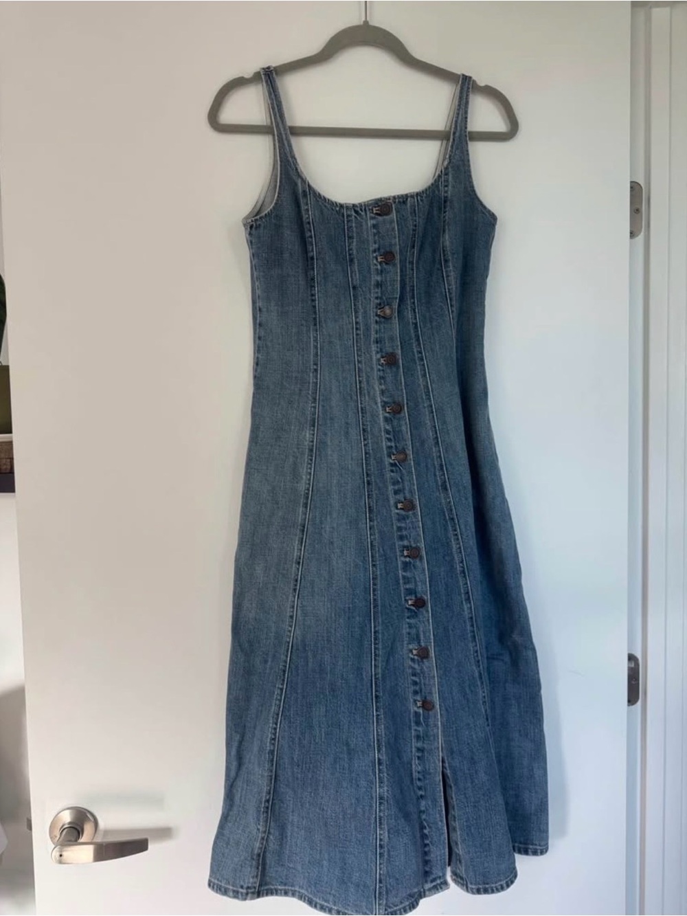 Denim Button-Front Midi Dress in Blue